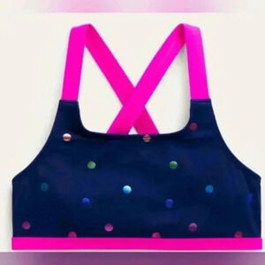 Cross back bikini top in rainbow foil confetti.  NWT size 13/14 youth